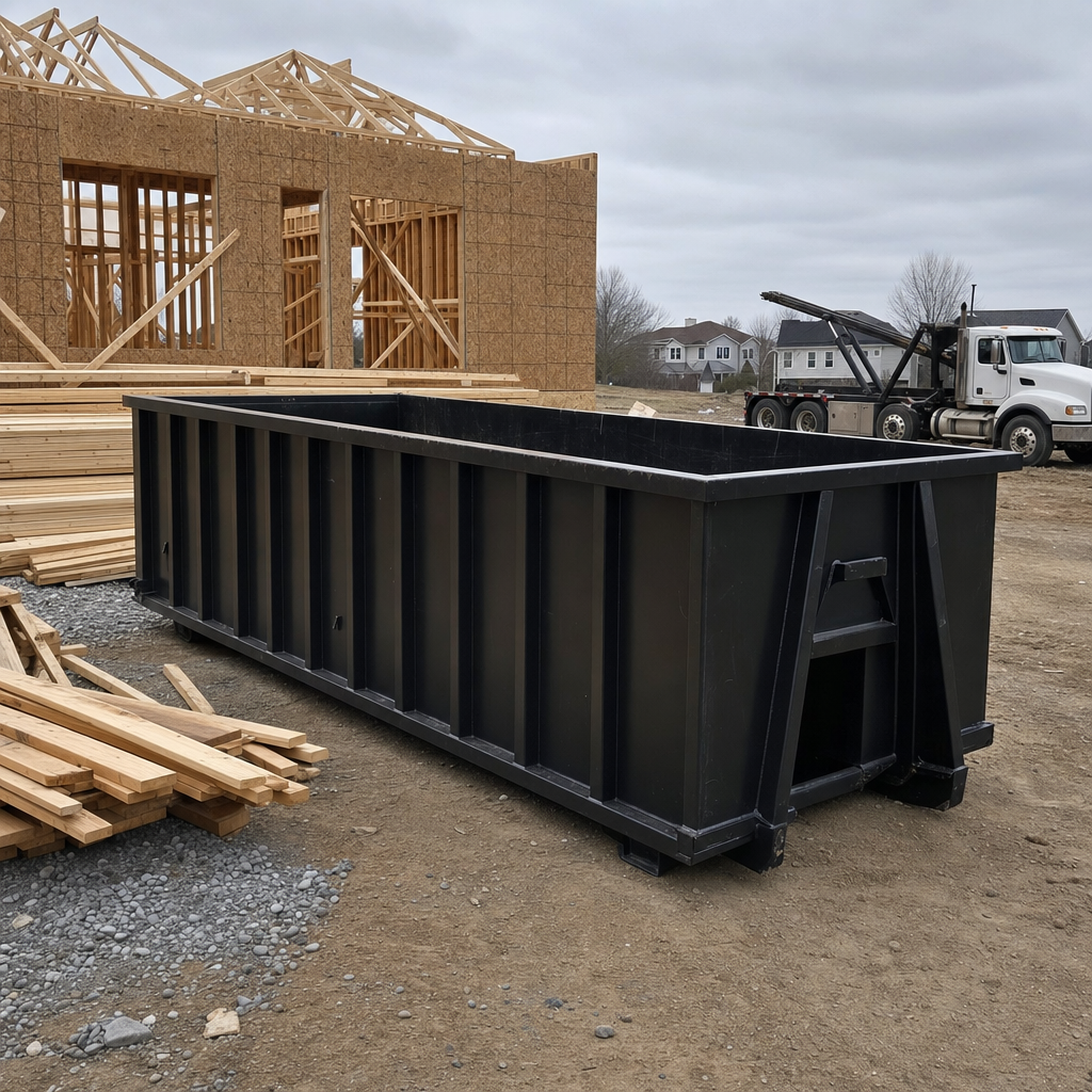 Matte-black 40-yard roll-off dumpster staged on a framed-out residential construction site in Grovetown, framing lumber stacked nearby, hooklift delivery truck visible in the background under bright Colorado daylight