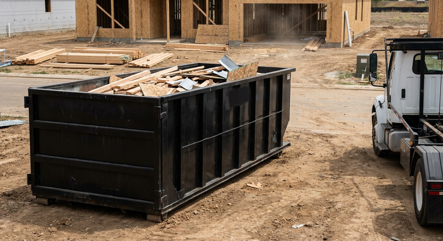 Matte-black 20-yard roll-off construction dumpster with heavy ribbed steel sidewalls and swing rear doors at a working jobsite in Grovetown, sitting directly on compacted dirt with an unmarked white hauler partially visible at the far edge of the frame.