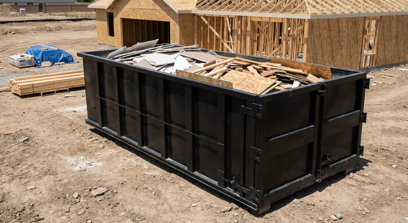 Matte-black 30-yard roll-off construction dumpster sitting directly on the compacted-dirt site of a framed single-family home build in Grovetown, drywall and lumber scrap loaded inside.