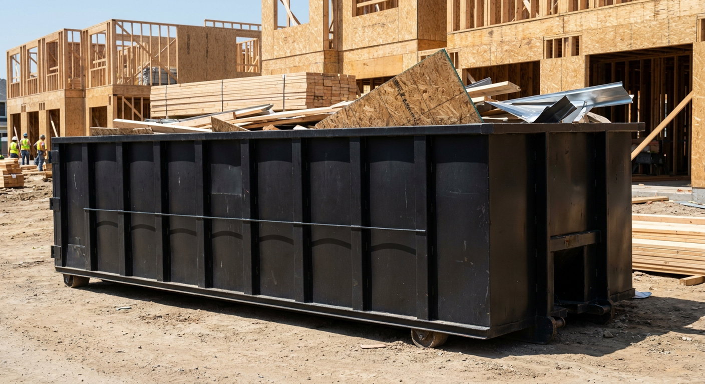 Matte-black 40-yard roll-off construction dumpster being lowered from a white-cab hooklift delivery truck onto the compacted-dirt jobsite at a commercial build site in Grovetown