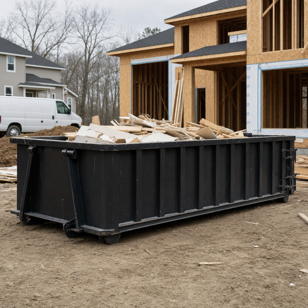 Worker in a yellow high-visibility vest tossing framing lumber and broken drywall into a matte-black 30-yard construction roll-off dumpster on an active build site in Grovetown, bright daylight