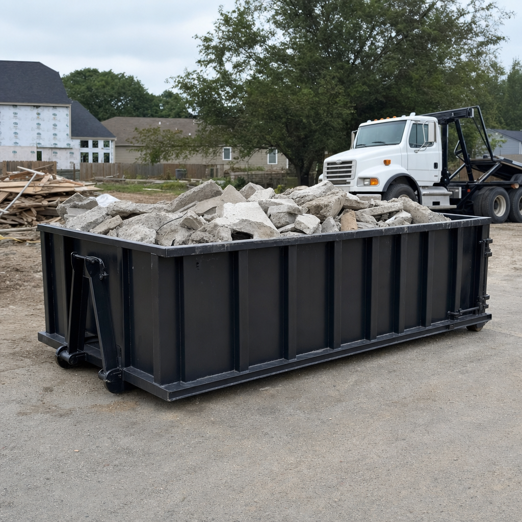 Low-profile matte-black lowboy roll-off dumpster loaded with broken concrete slab and rebar at a foundation tear-out in Grovetown, skid steer parked beside it, sunny Colorado morning