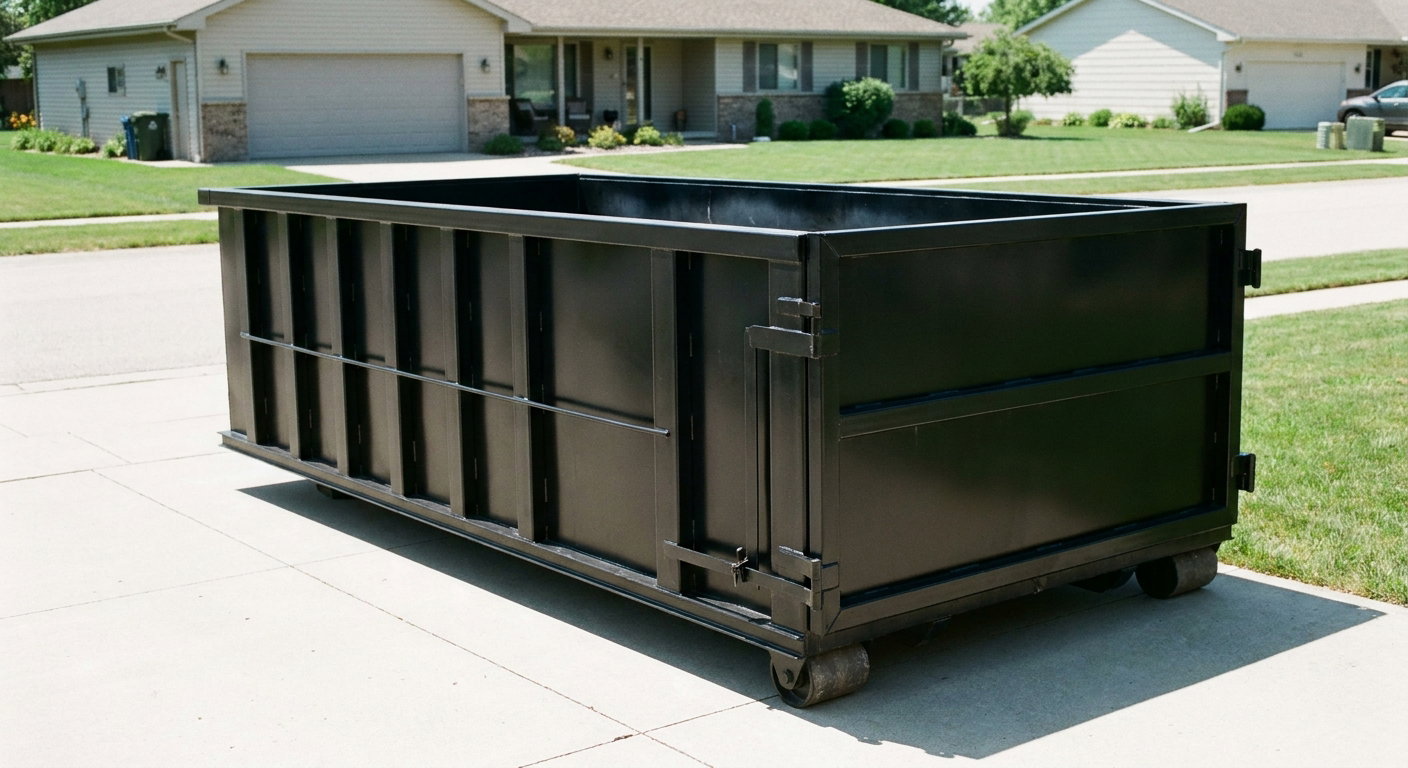 Matte-black 10-yard roll-off dumpster on a residential concrete driveway in Grovetown, uniformly painted matte black across every panel and rail, ribbed steel sidewalls and rear swing door visible, mid-day daylight.