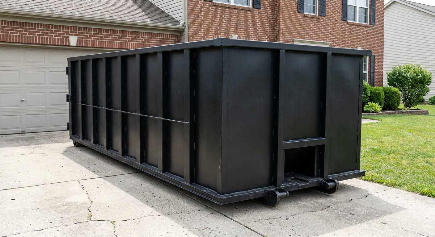 Matte-black 20-yard roll-off container on a Grovetown residential concrete driveway with reinforced ribbed steel sidewalls and a hinged rear walk-in door, clean bright daylight.