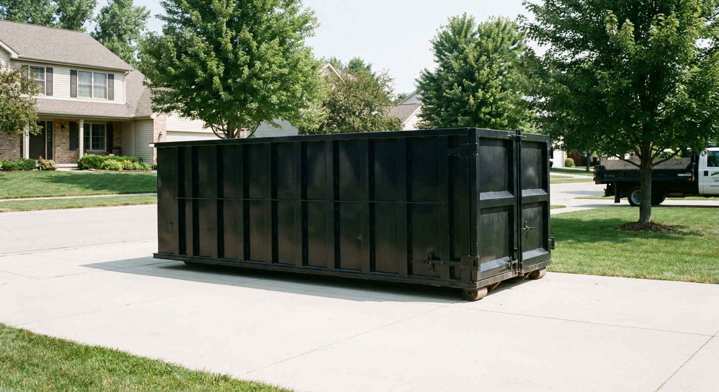 Matte-black 20-yard roll-off dumpster sitting level on a clean Grovetown residential concrete driveway under bright daylight, demonstrating clean placement directly on the concrete.