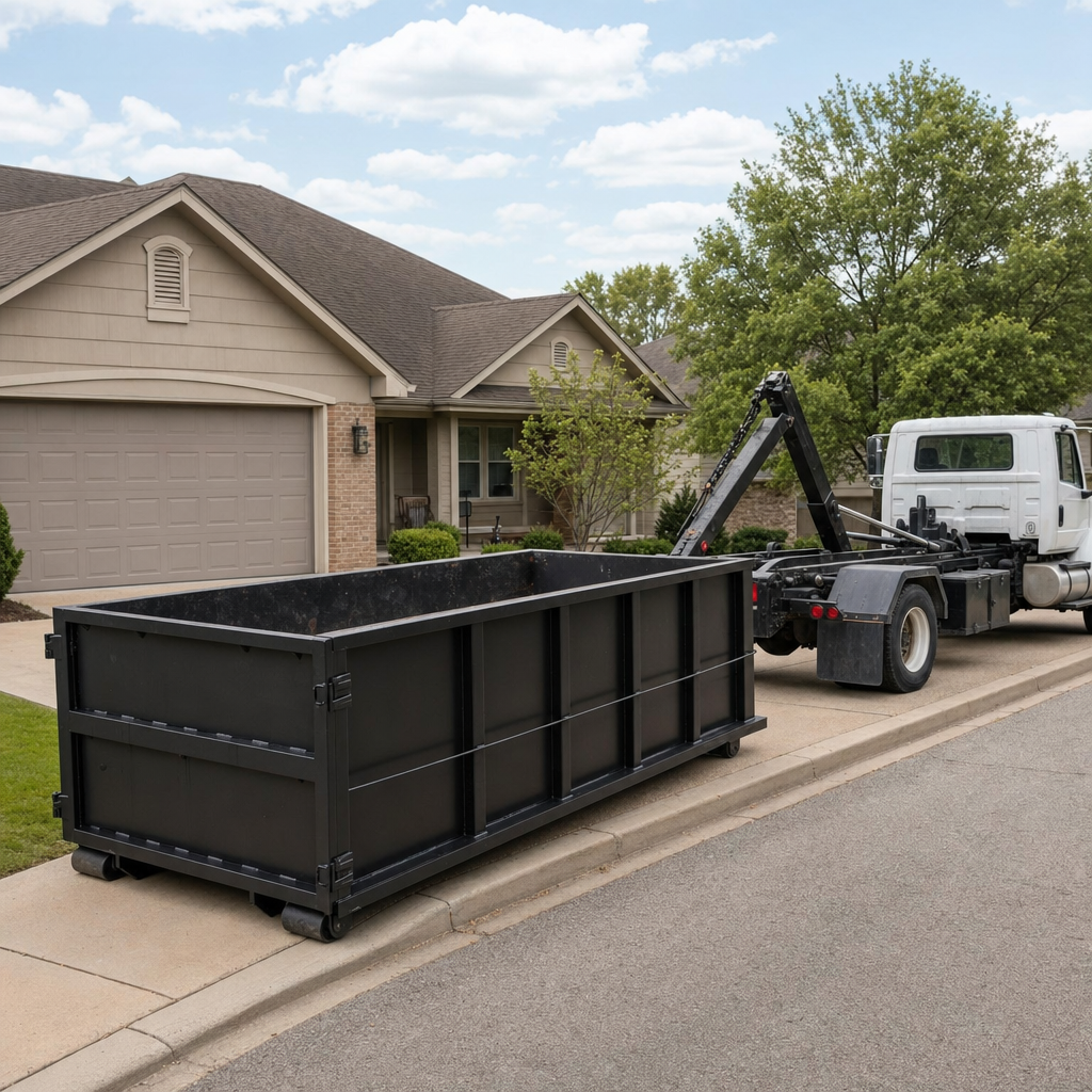Wide documentary shot of a matte-black roll-off dumpster on a Grovetown residential driveway in the foreground and a contractor jobsite container in the soft-focus background, bright daylight, calm and orderly composition.