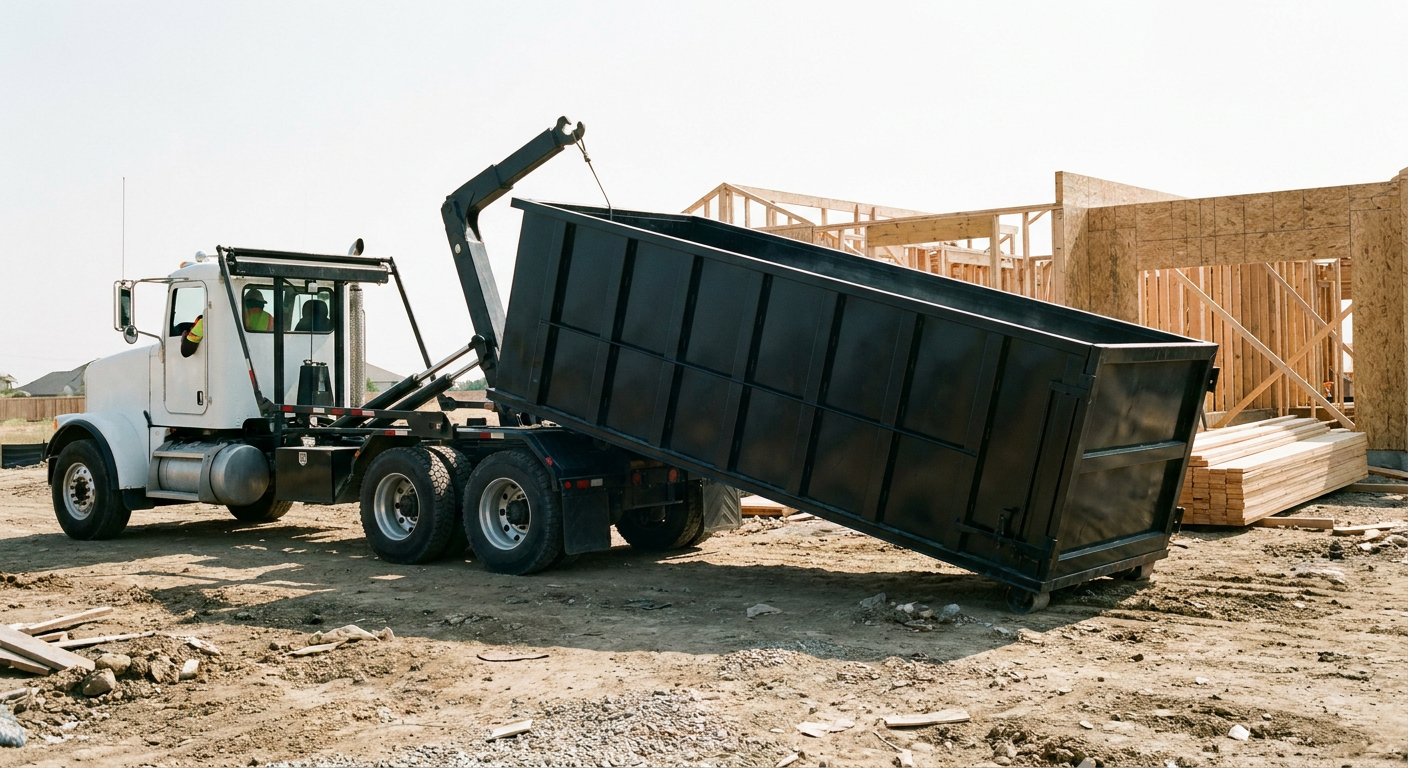 Matte-black roll-off dumpster being delivered onto a clean residential concrete driveway in Grovetown by an unmarked white hooklift hauler truck, bright morning daylight, documentary 35mm perspective.