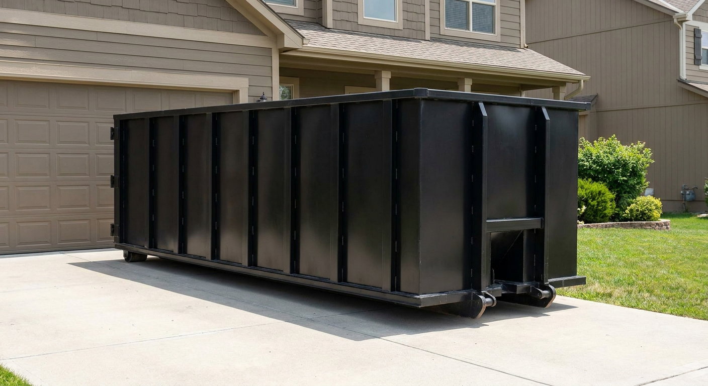 Matte-black residential roll-off dumpster sitting directly on a suburban Grovetown concrete driveway, garage door closed, single-family home in background, bright morning daylight.