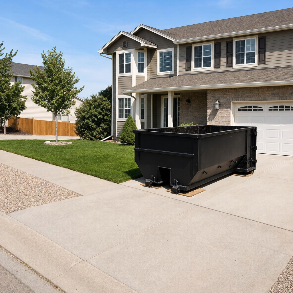 10-yard matte-black residential dumpster placed directly on a narrow Grovetown concrete driveway, room remains for a parked sedan beside it, mid-morning natural light