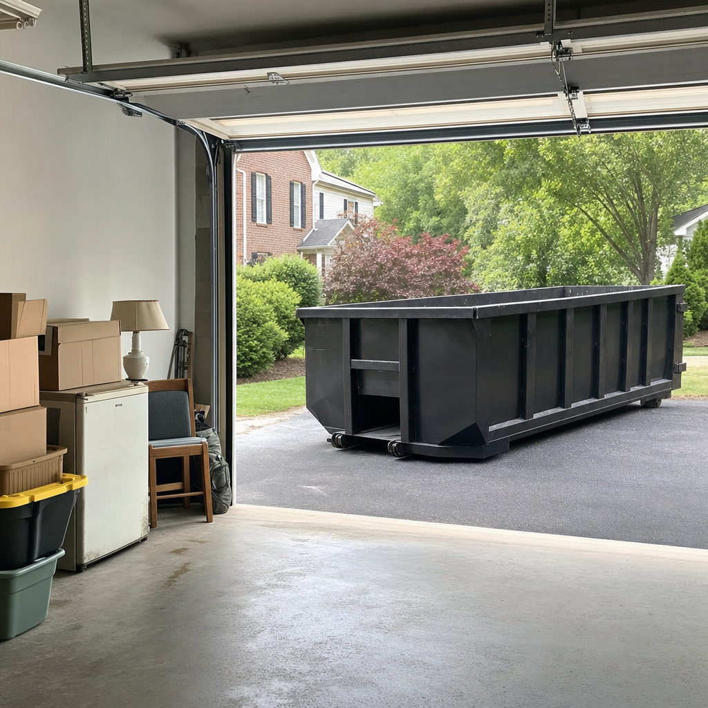 Open garage interior in a Grovetown home mid-cleanout — boxed items, an old appliance, and stacked yard tools queued near the driveway for a matte-black roll-off dumpster, organized and calm
