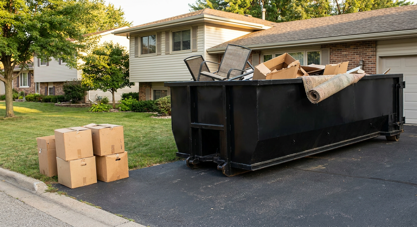 Front-yard view of a Grovetown split-level home with a 20-yard matte-black roll-off dumpster sitting directly on the asphalt driveway, a few clearly labeled donation boxes staged at the curb, calm sunny afternoon.