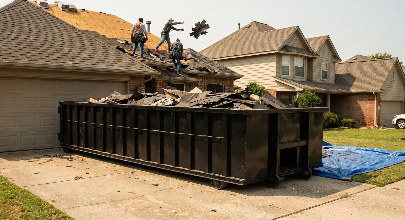 Matte-black roofing roll-off dumpster placed directly on a Grovetown residential concrete driveway, a tear-off crew on a two-story asphalt-shingle roof tossing shingle bundles into the low-walled container, bright daylight, documentary 35mm perspective.