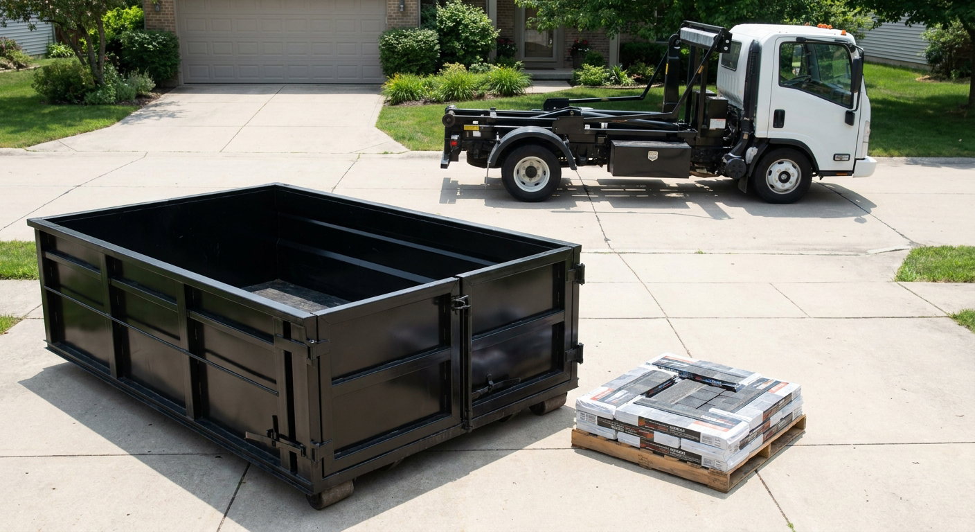 Matte-black 15-yard roofing roll-off dumpster with reinforced low side walls sitting directly on a Grovetown residential concrete driveway, three-tab asphalt shingle bundles stacked nearby, an unmarked white hauler truck partially visible at the edge of the frame.