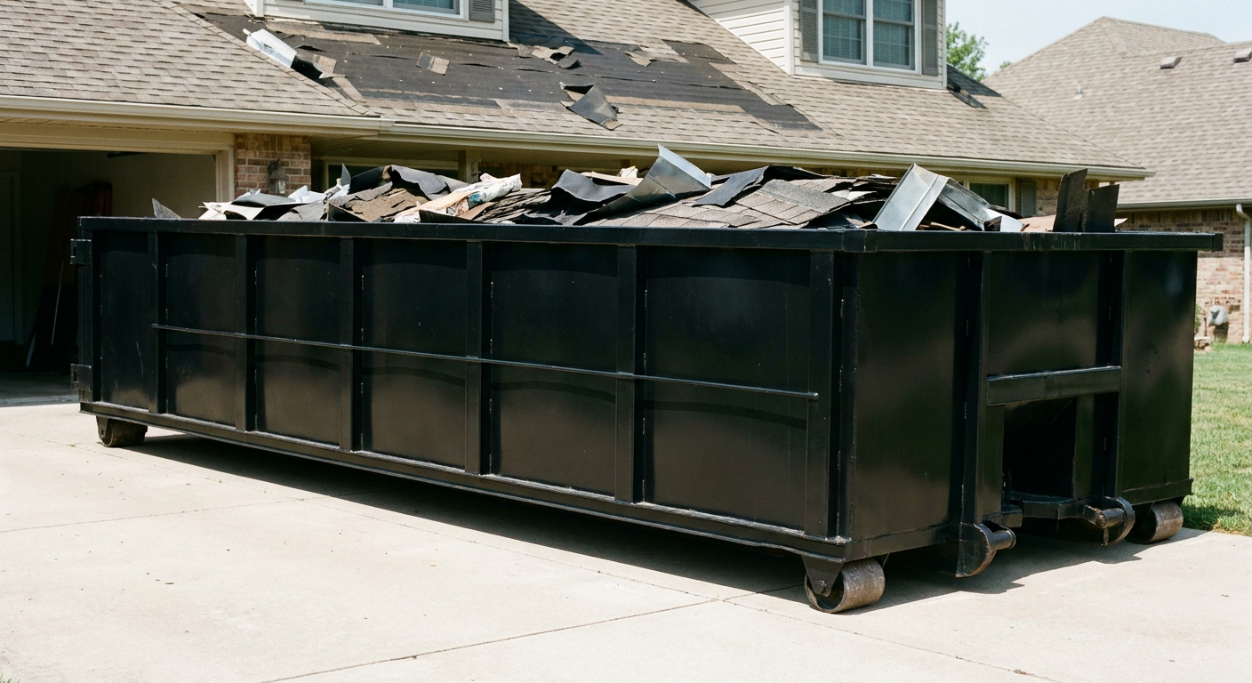 Matte-black 20-yard roofing roll-off dumpster with steel ribbed sides and swinging rear door, sitting directly on the concrete driveway of a two-story Grovetown home, asphalt shingle debris being loaded over the low wall, clean documentary lighting.
