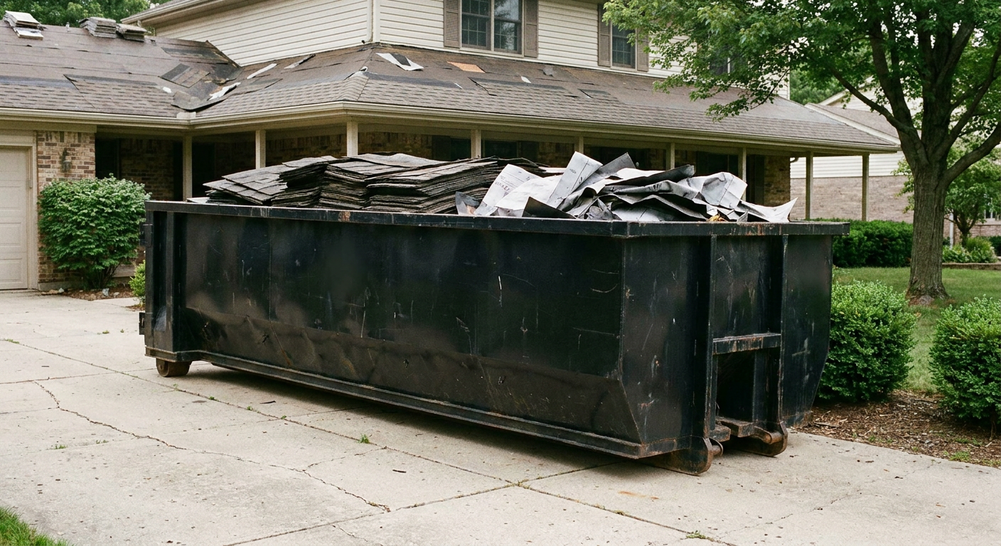 Matte-black 30-yard roofing roll-off dumpster sitting directly on a Grovetown concrete driveway, taller ribbed steel side panels, mixed tear-off debris of asphalt shingles and underlayment inside, professional documentary daylight.