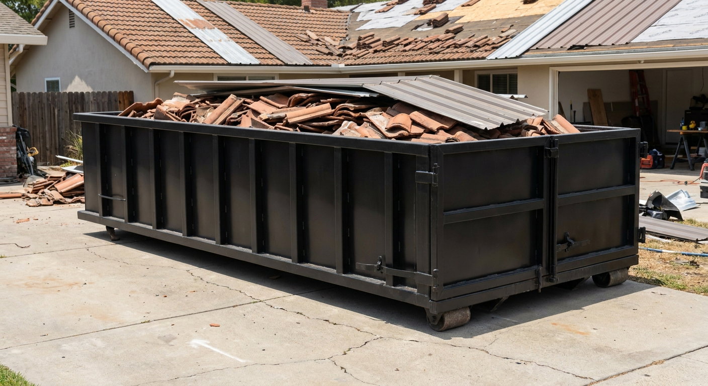 Matte-black low-wall heavy-debris roofing roll-off dumpster sitting directly on a Grovetown concrete driveway, broken concrete clay roof tiles and metal panel sections loaded inside, reinforced ribbed steel side walls visible, bright outdoor daylight.