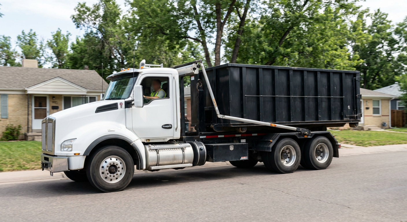 A wide documentary shot of a matte-black roll-off delivery truck pulling onto a quiet Grovetown residential street at mid-morning, with neighborhood rooftops and tree-lined blocks visible behind, showing the metro coverage footprint.