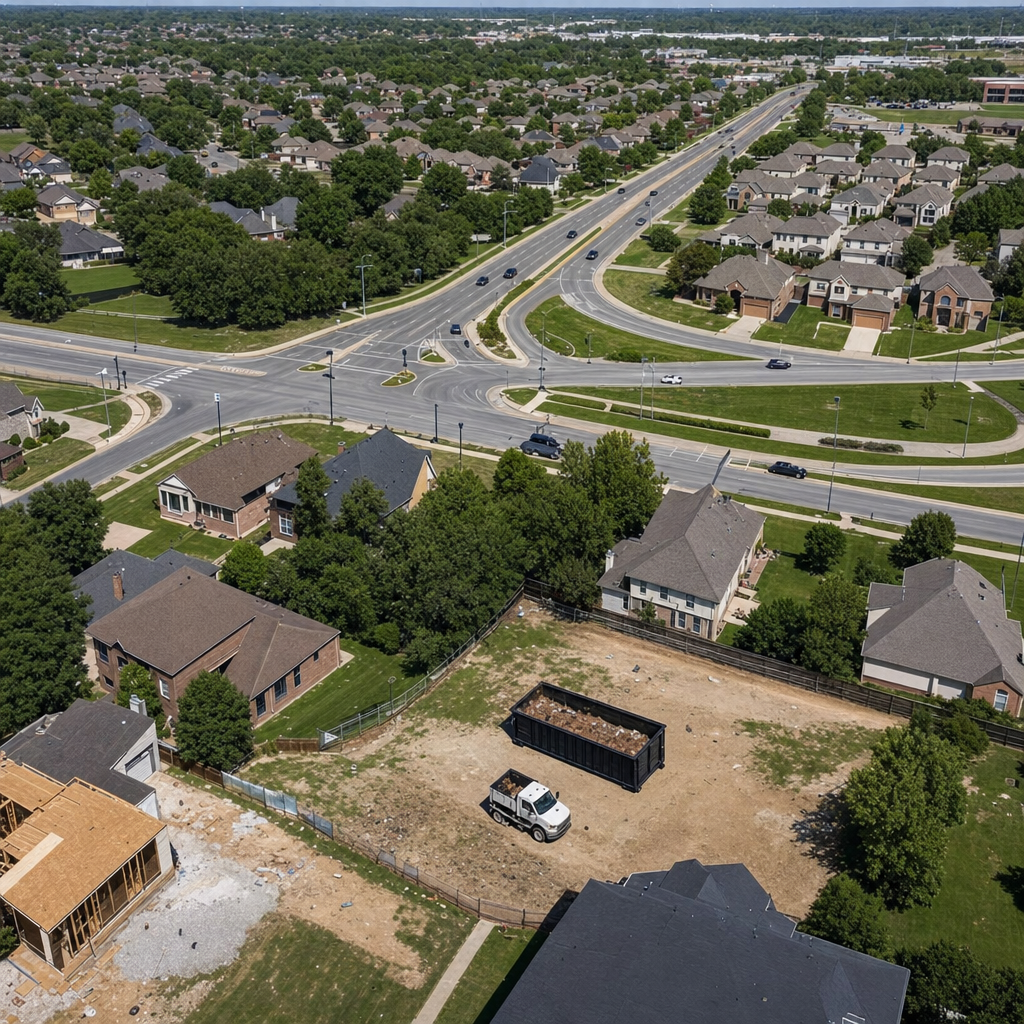 An overhead documentary view of the Grovetown metro area at midday, showing the spread of neighborhoods, arterial roads, and the dispatch radius from a central yard — clean daylight, organized geographic layout.