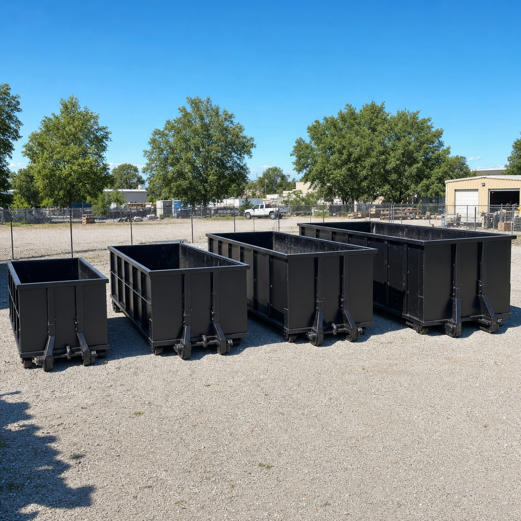 A clean lineup of matte-black roll-off dumpsters in 10, 20, 30, and 40-yard sizes staged on a sunlit gravel yard in Grovetown, showing the size progression from compact to commercial-scale containers.