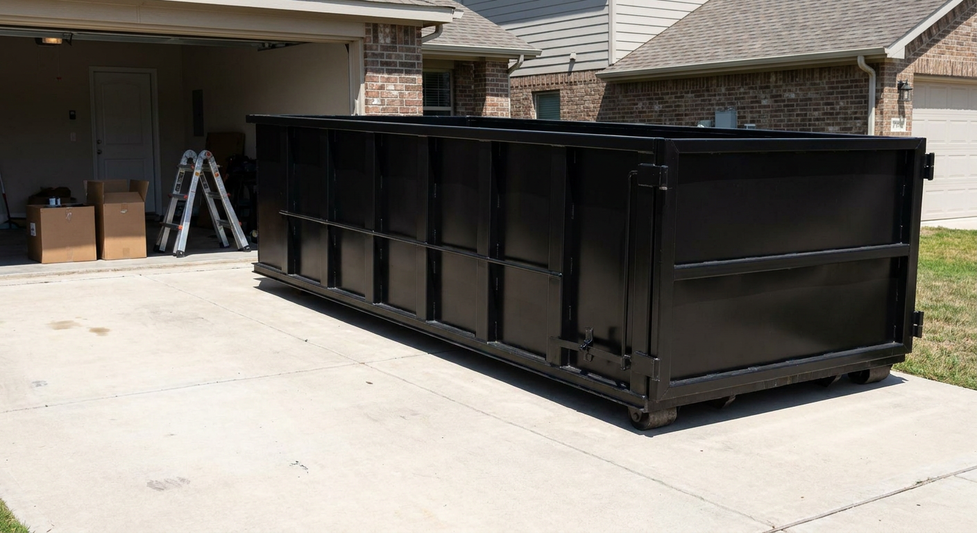 A matte-black 10-yard roll-off dumpster sitting directly on a residential Grovetown concrete driveway, mid-day sunlight, clean and ready for a garage cleanout.