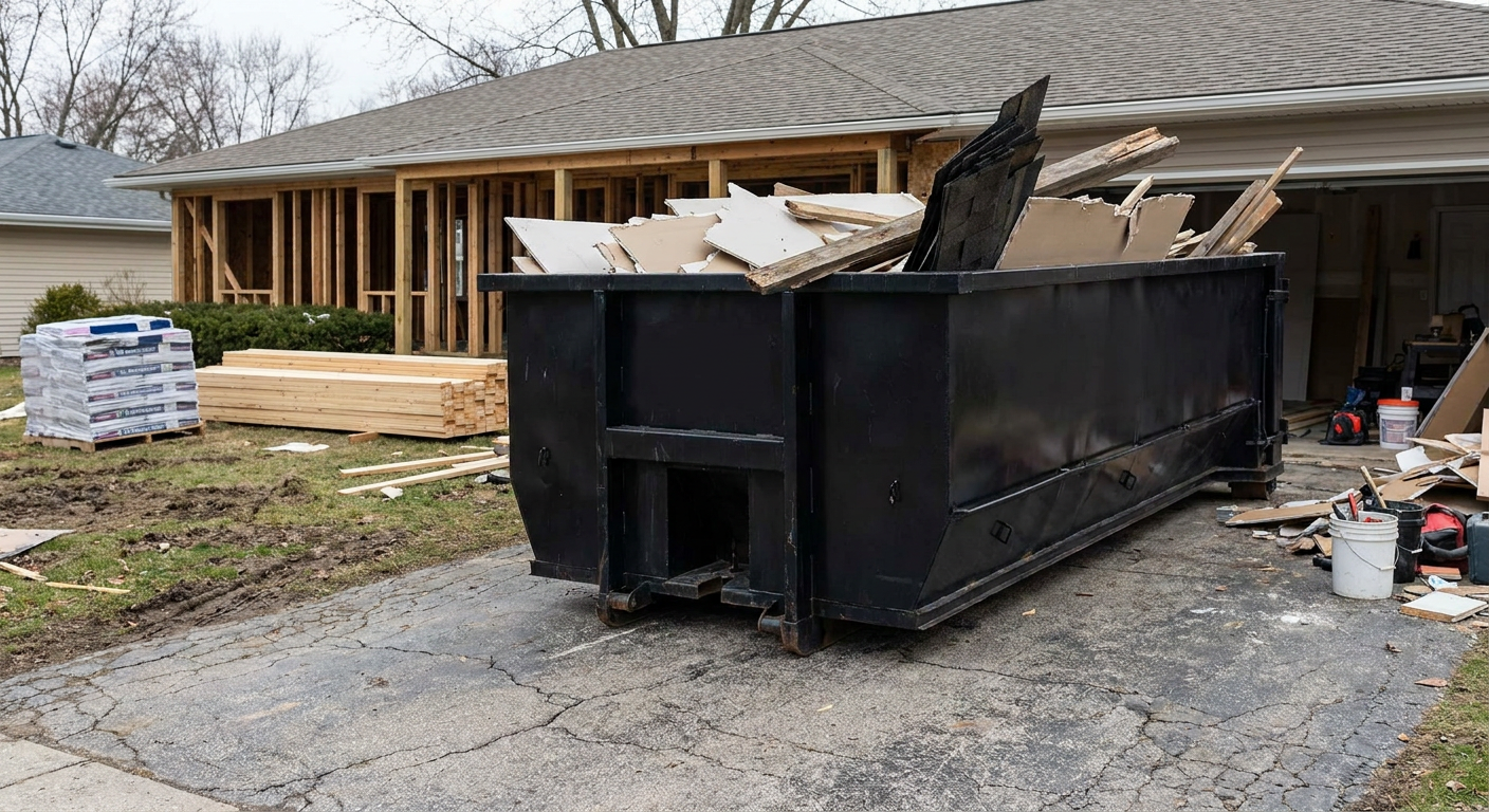 A matte-black 20-yard roll-off dumpster placed alongside a mid-renovation Grovetown home directly on the asphalt driveway, with framing materials and torn-off shingles staged neatly nearby.