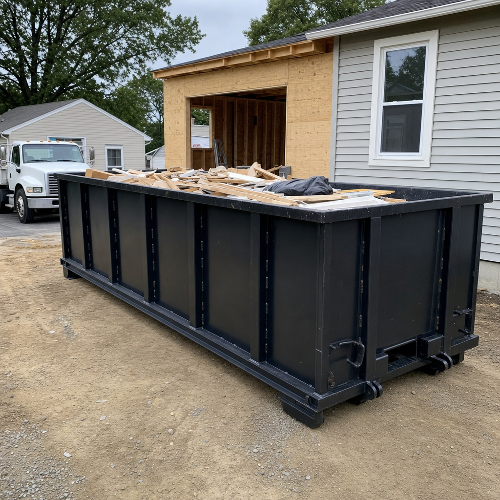 A matte-black 30-yard roll-off dumpster positioned at a Grovetown residential addition jobsite, with framing lumber and drywall scraps loaded through the open swinging rear doors.