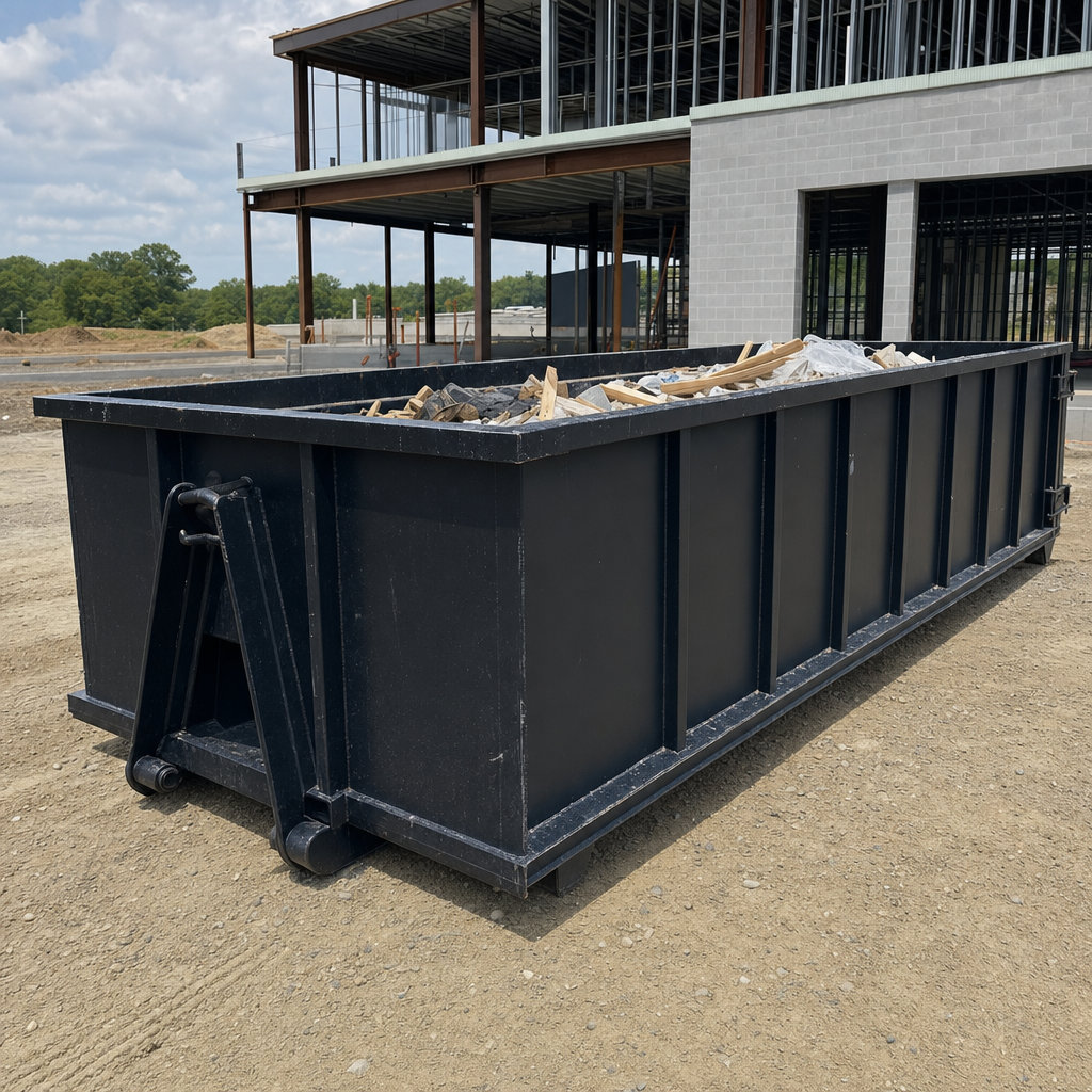 A matte-black 40-yard roll-off dumpster staged on a large Grovetown commercial construction lot, with a hooklift delivery truck parked alongside under bright midday sky.