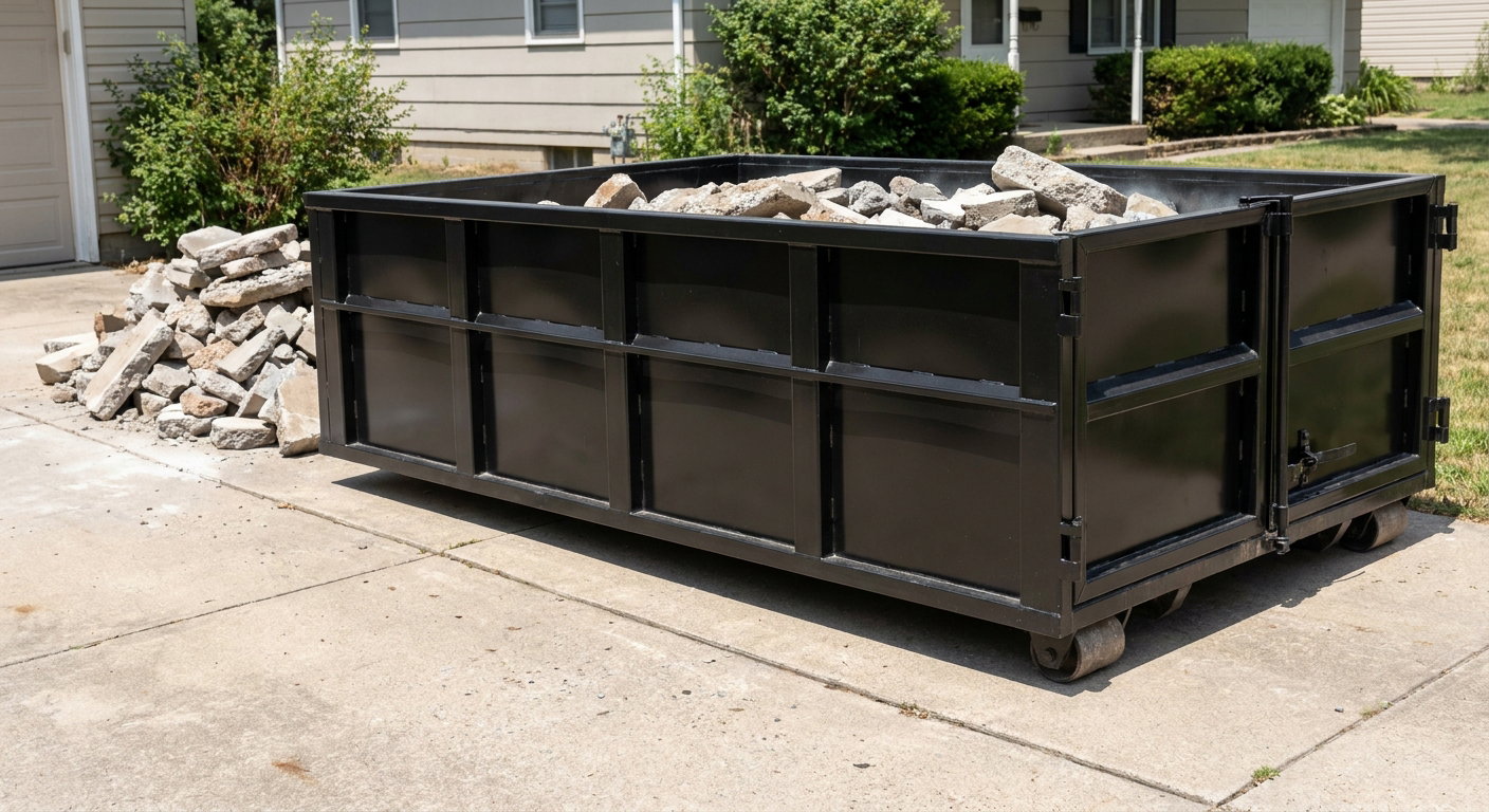 A matte-black low-side heavy-debris roll-off dumpster placed directly on a Grovetown concrete driveway, with broken concrete chunks neatly stacked beside it under clean daylight.
